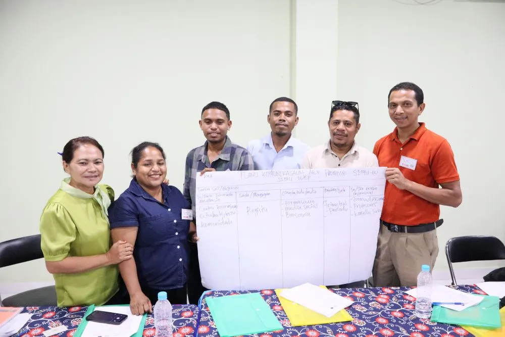 Six training participants holding a poster-sized paperwork