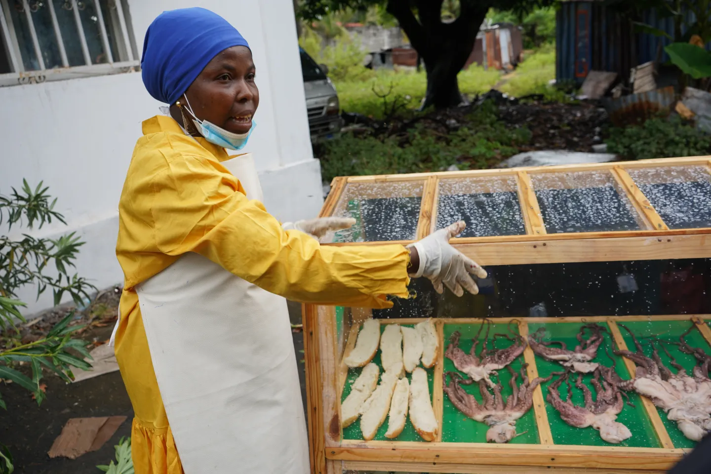 Bénéficiaire du projet RISEC de l'OIT brandissant ses produits transformés - Mohéli, Comores