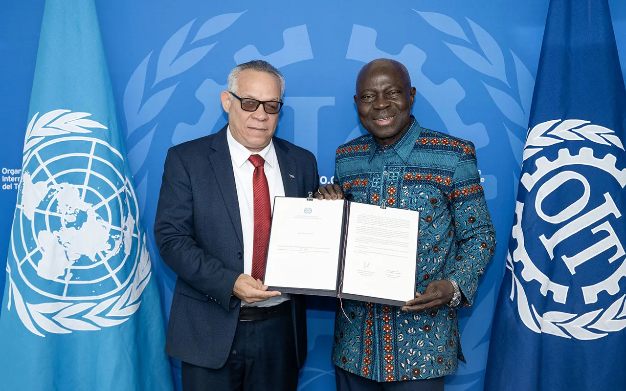Ratification ceremony of the MLC, 2006, 12 June 2026: Mr. Jesús Otamendiz Campos, Minister of Labour and Social Security of Cuba and Mr Gilbert F. Houngbo, Director-General of the ILO.