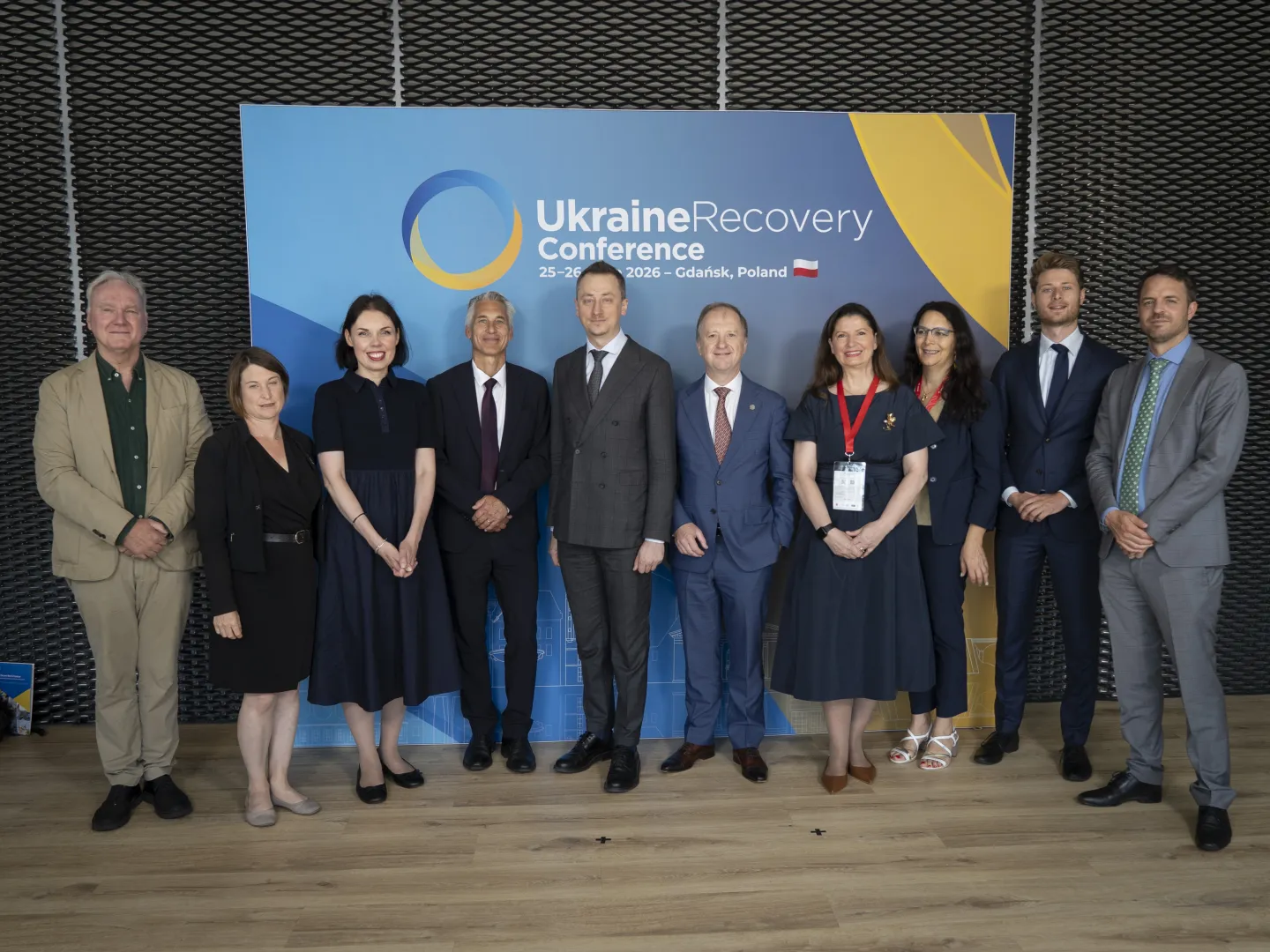 Представники МОП та міжнародних партнерів під час запуску Програми гідної праці для України на 2026–2029 роки, Гданськ, Польща, Конференція з відновлення України 2026.    