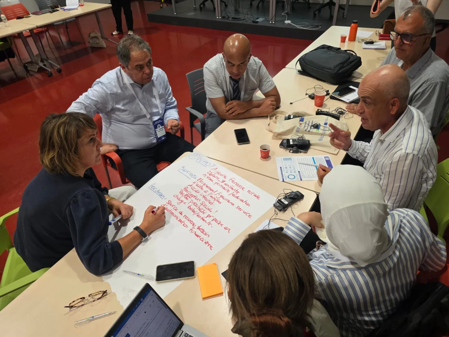 Participants seated around tables work in small groups and exchange ideas during an interactive workshop session. A presentation on youth pathways and service delivery is projected on a screen in the background.