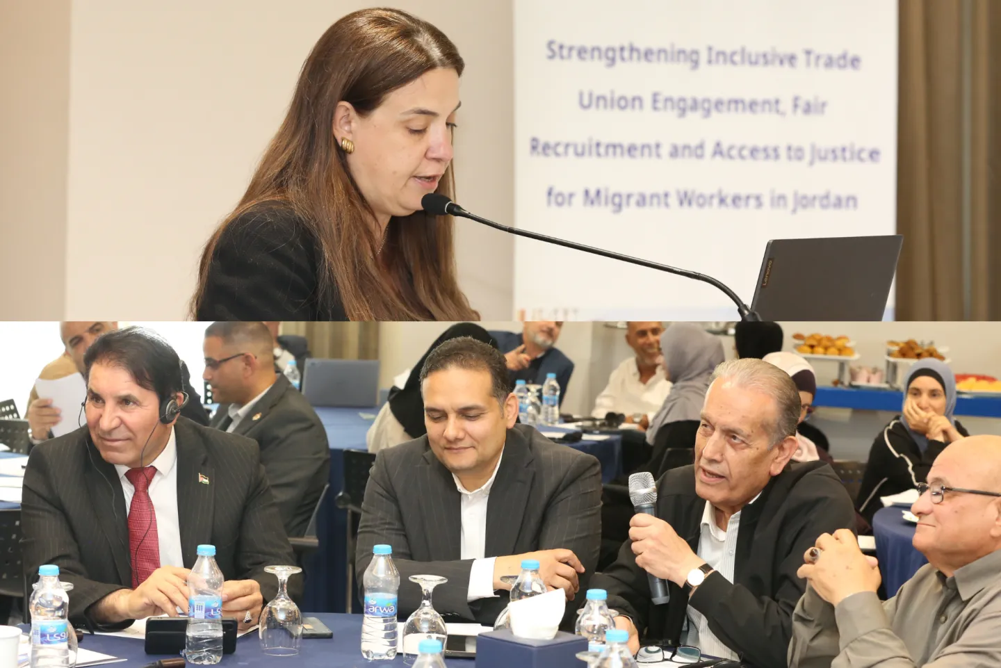Pictures of Amal Mowafy, ILO Jordan Country Coordinator, and Fathallah Al-Omrani, Executive Committee Member of GFJTU.