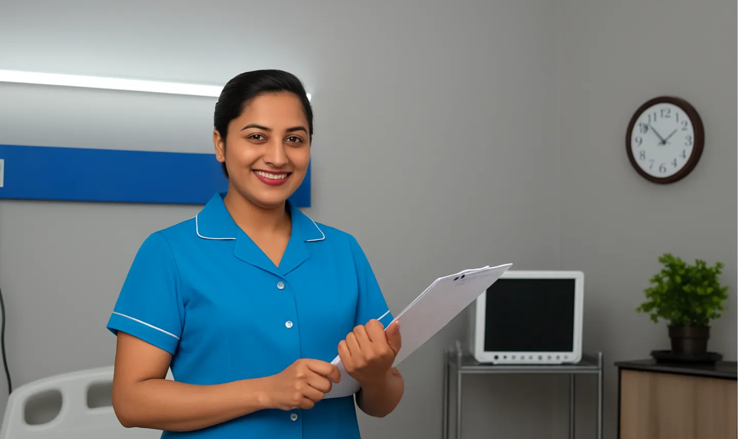 A nurse wearing a blue uniform smiles while holding a clipboard in a healthcare facility.
