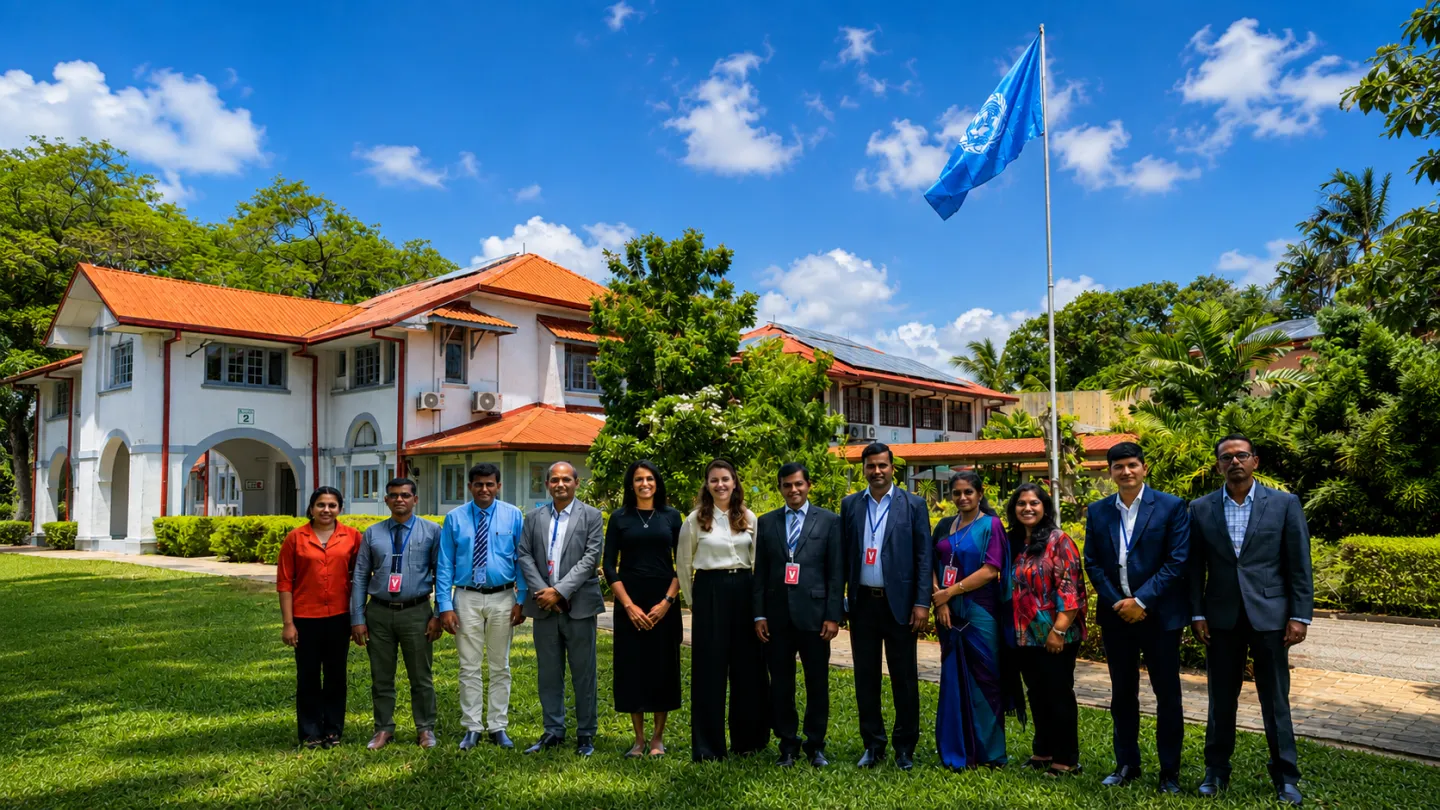 A group of people pose outdoors beneath a flag in front of a building surrounded by tropical greenery.