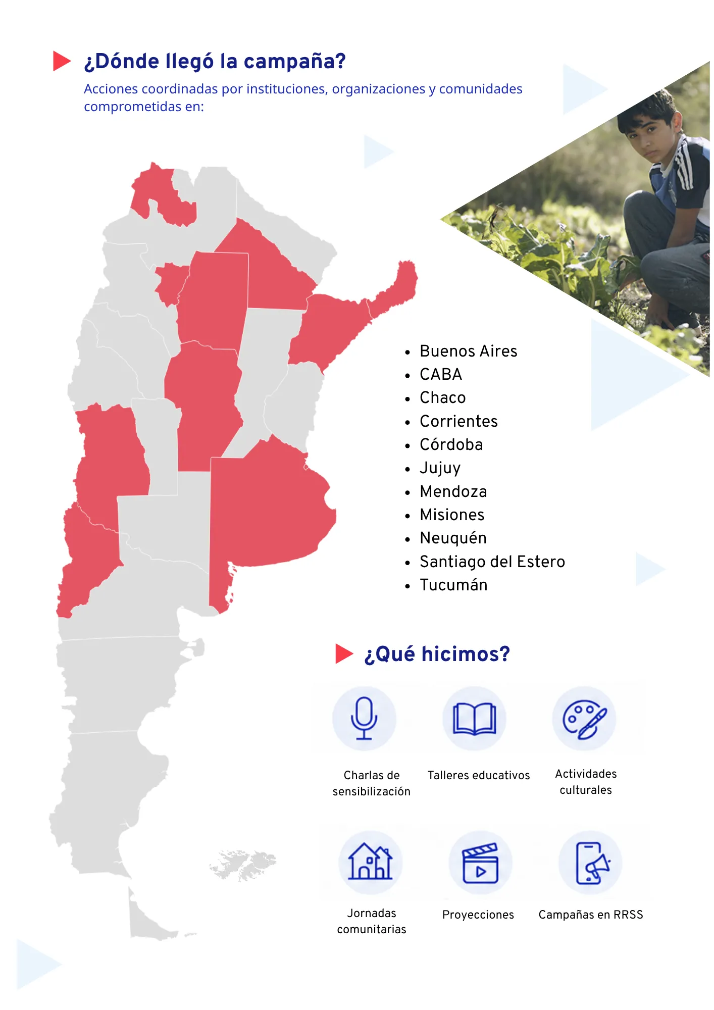 Infografía de la campaña "Frente al trabajo infantil, la respuesta es colectiva" que muestra el alcance territorial de las acciones realizadas en el marco del Día Mundial contra el Trabajo Infantil. Incluye un mapa de Argentina con las 11 provincias donde se desarrollaron actividades (Buenos Aires, Ciudad Autónoma de Buenos Aires, Chaco, Corrientes, Córdoba, Jujuy, Mendoza, Misiones, Neuquén, Santiago del Estero y Tucumán) y un listado de esas jurisdicciones. También presenta las principales modalidades de 