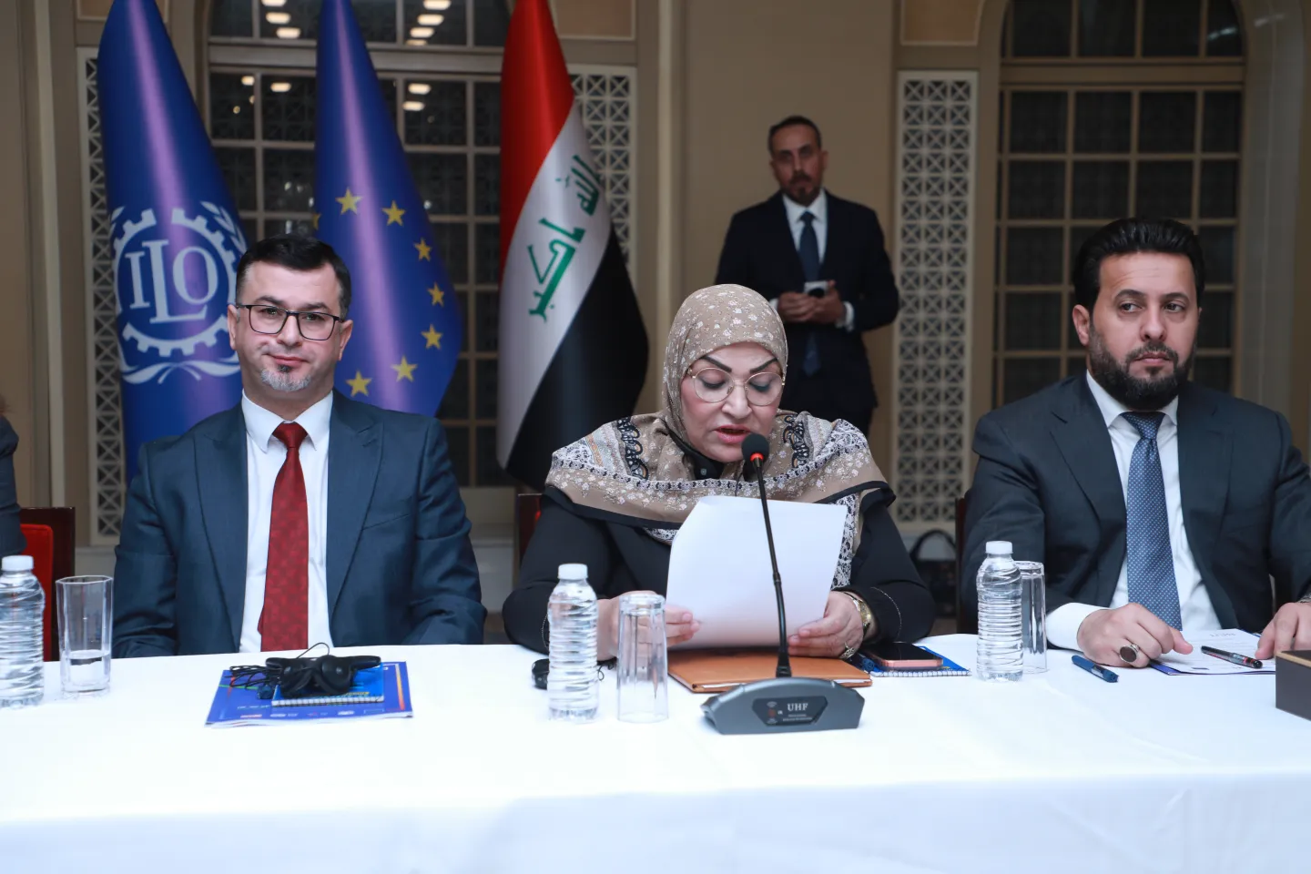 Nahla Al-Fahdawi, Senior Member of the Parliamentary Committee on Labour, Civil Society Institutions, Federal Public Service, Youth & Sports, Culture & Tourism, delivers her remarks during the dialogue session on labour legislation. Baghdad, Iraq, 3/9/26