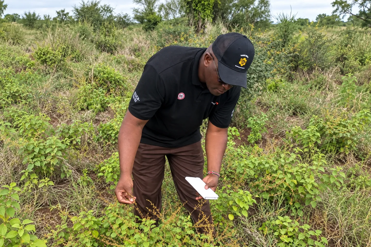 Erick Ahenda identifies beneficial legume species during fieldwork in the Kajiado rangelands. Practical knowledge from the field helped inform the skills and competencies included in Kenya’s new fodder curriculum.