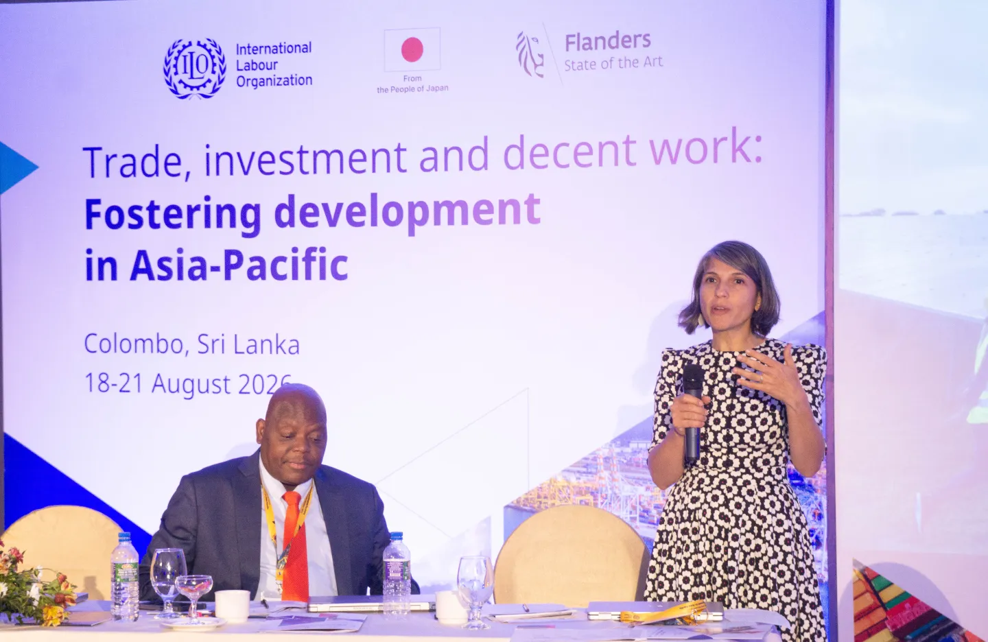 Pelin Sekerler Richiardi, ILO Senior Economist addresses the event along with Ken Chamuva Shawa, Head of ILO's Research and Social Analysis Unit for Asia Pacific. 