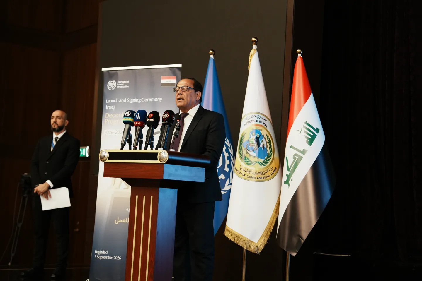 President of the Iraqi Trade Unions Council Kareem Lafta Sindal in the opening remarks during the launch of the National Decent Work Programme in Iraq 2026-2029