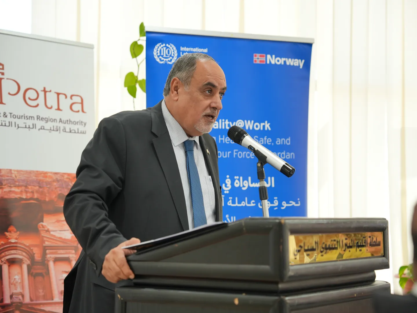 Khaled Al-Fanatseh President of the General Federation of Jordanian Trade Unions during his remarks at the training workshop in Petra, Jordan. 24 September 2026