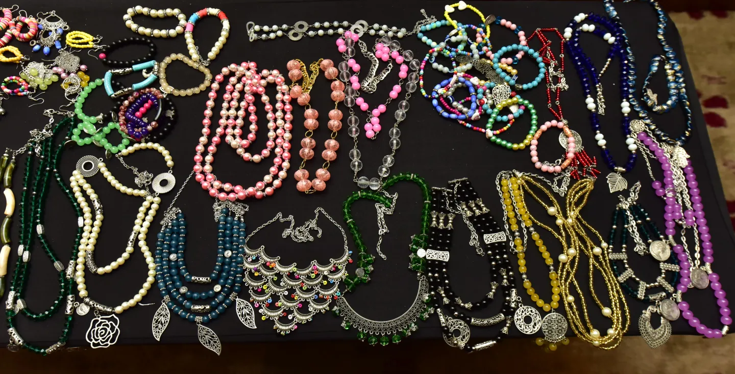 Handmade jewellery and accessories displayed at the closing event of the ILO child labour project in Egypt.