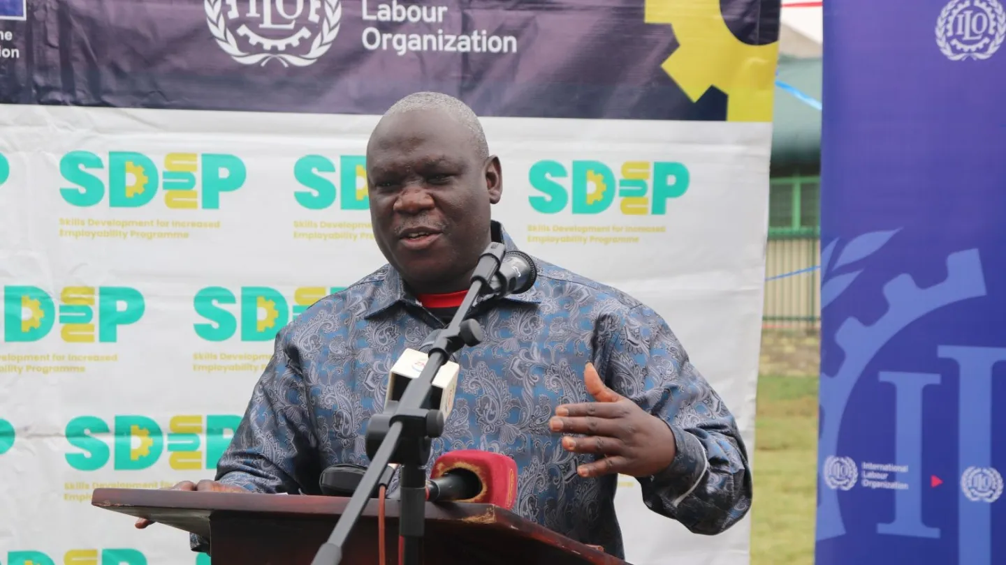 Zambia Congress of Trade Unions Secretary General Dr. Joy Beene speaks at the event.