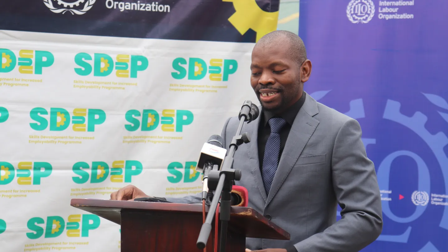 Zambia Federation of Employers Southern Province Vice President Mr. Hilary Kashempa  speaks at the event.