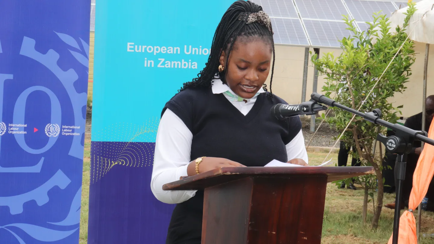 General Hospitality Level One student Elizabeth Mbewe speaks on behalf of students at the main campus.