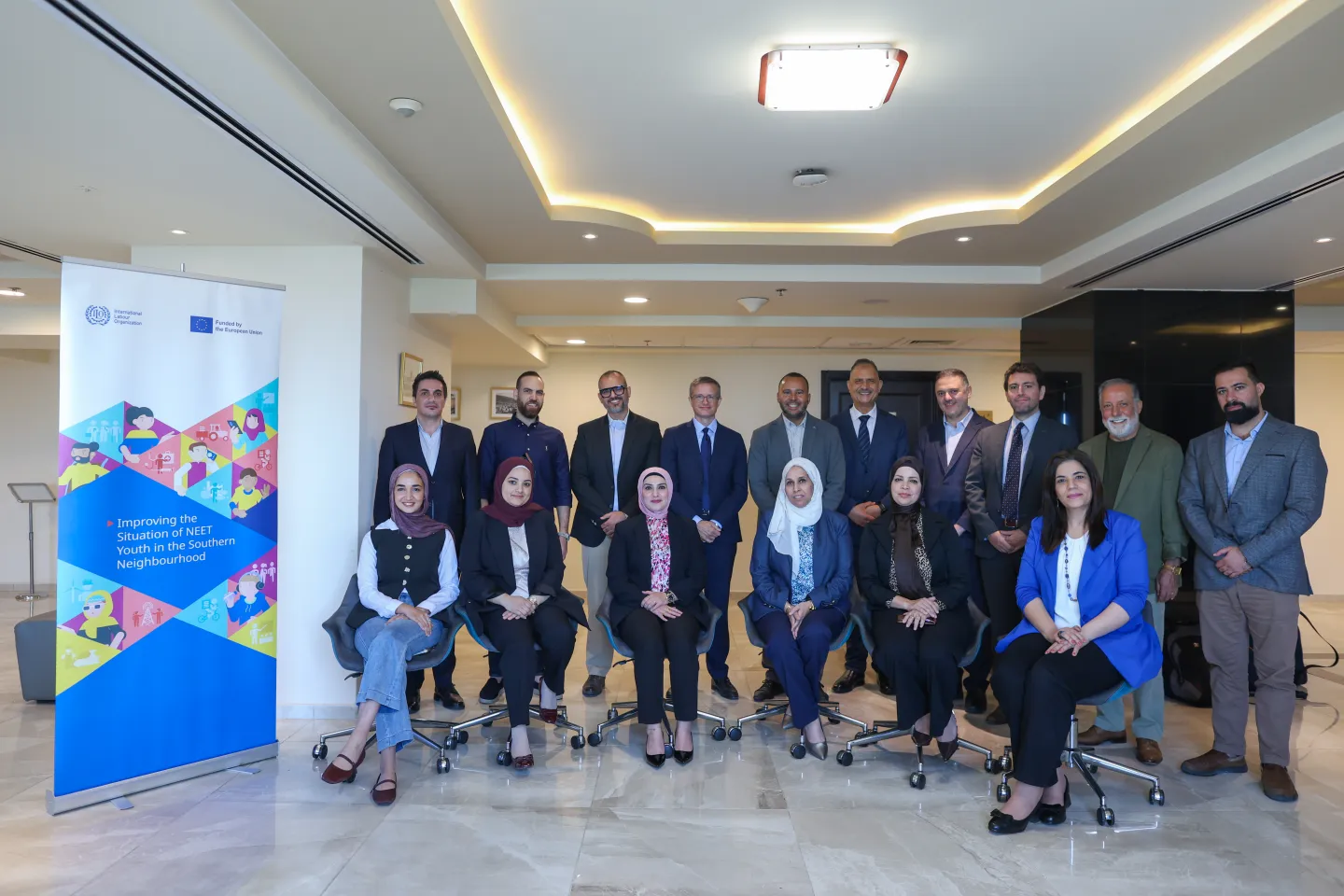 Representatives of national institutions, social partners, the European Union and the ILO at the technical workshop on the proposed youth NEET activation pilot in Ramallah, 24 September 2026.