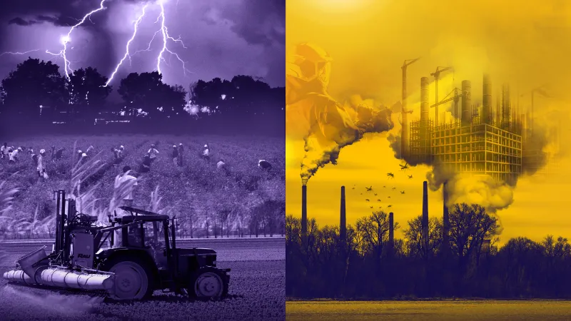 An image showing lightning, a tractor, agricultural workers and pollution