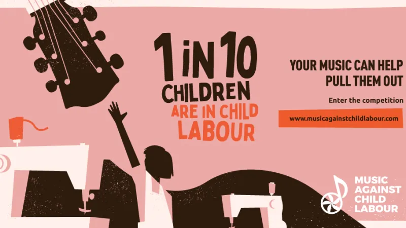 Banner showing a child working in a textile factory reaching for a guitar above, with a message calling to participate to the music competition