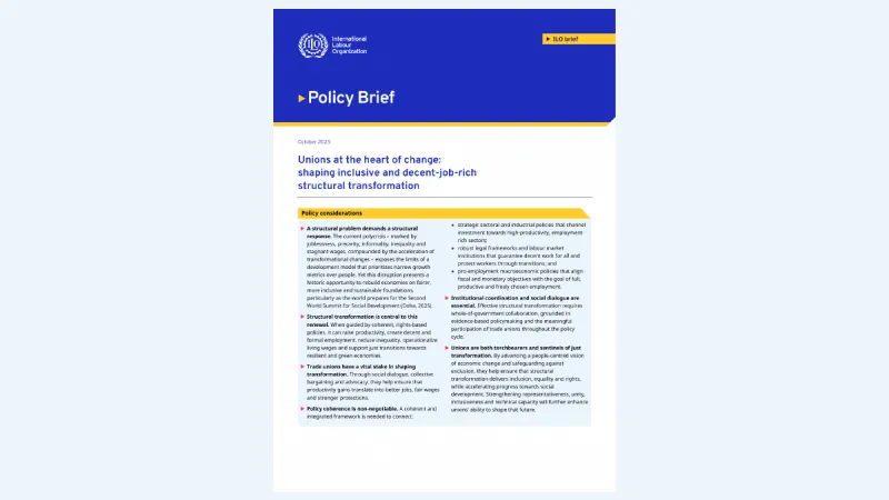 First page of Brief 3 — Unions at the heart of inclusive, job-rich structural transformation
