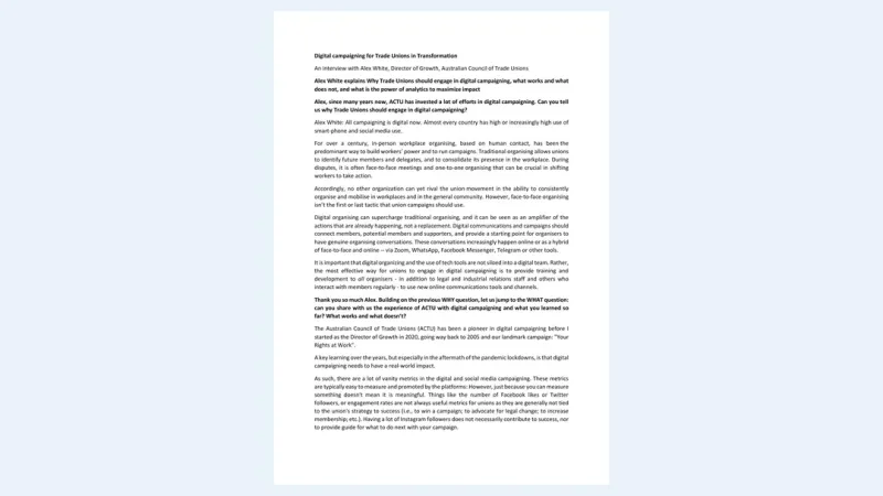 First page of Digital campaigning for Trade Unions in Transformation.