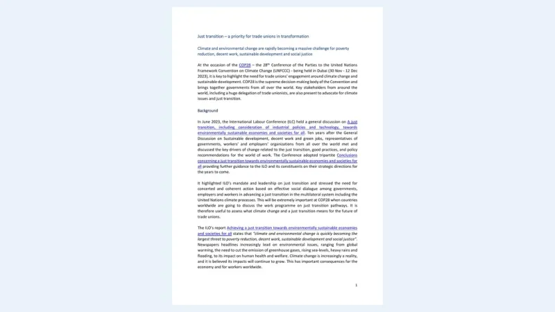 First page of Just transition – a priority for trade unions in transformation.