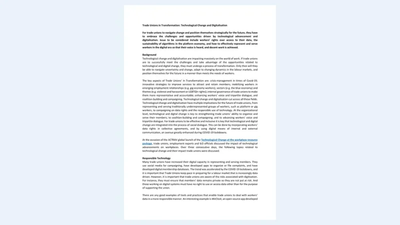 First page of Trade Unions in Transformation: Technological Change and Digitalisation.