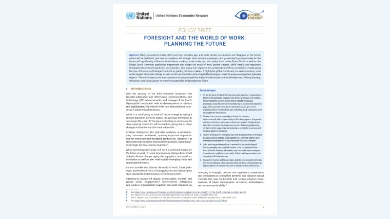 First page of the UNEN policy brief Foresight and the World of Work: Planning the Future, November 2024.